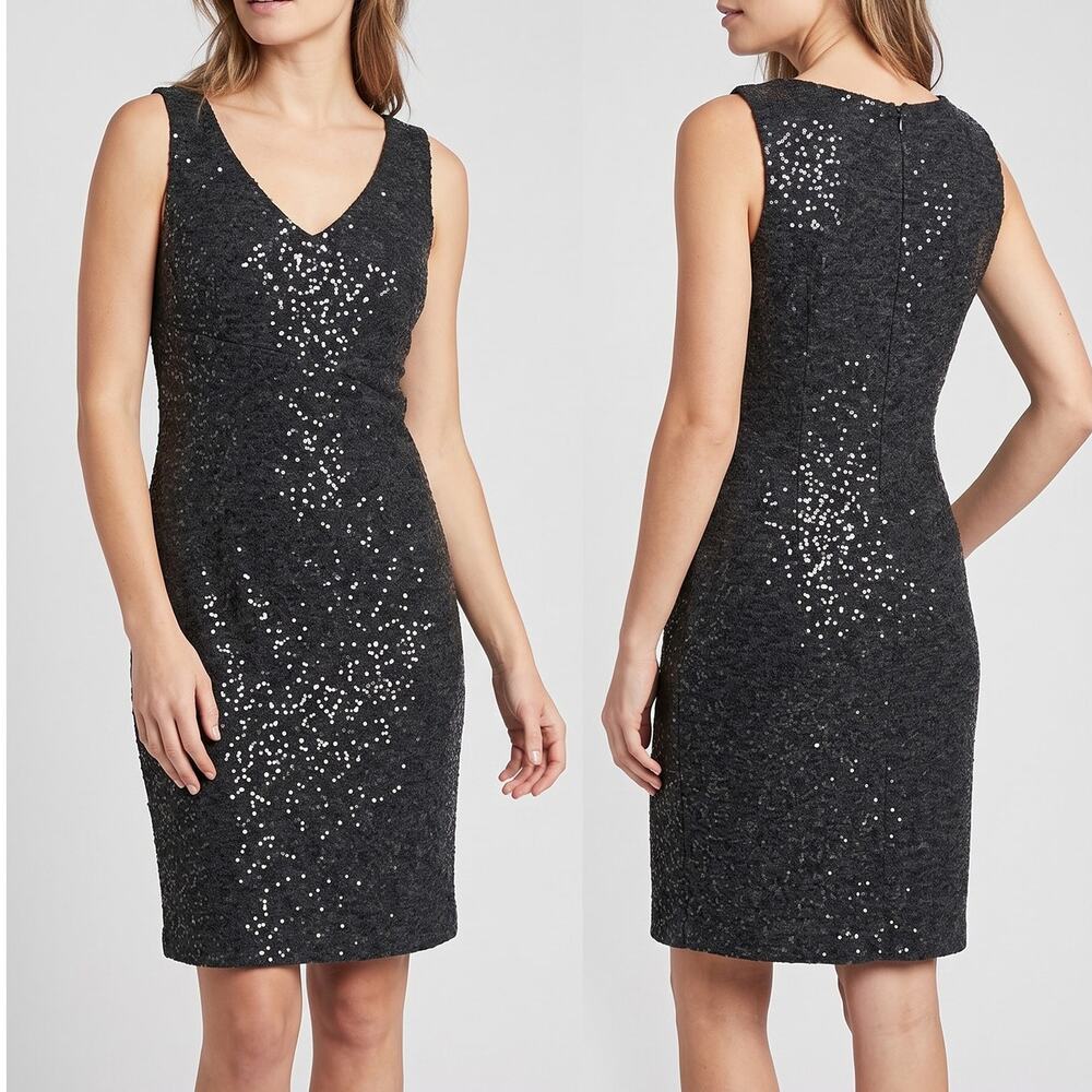 Muse Womens Size 10 Black Sequin Cocktail Dress V Neck Sleeveless Sheath